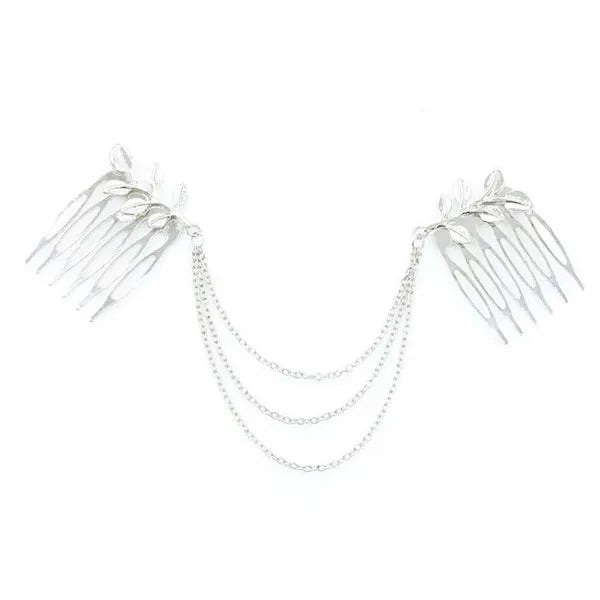 2 Pcs Silver Color Retro Hair Combs Leaves Tassels