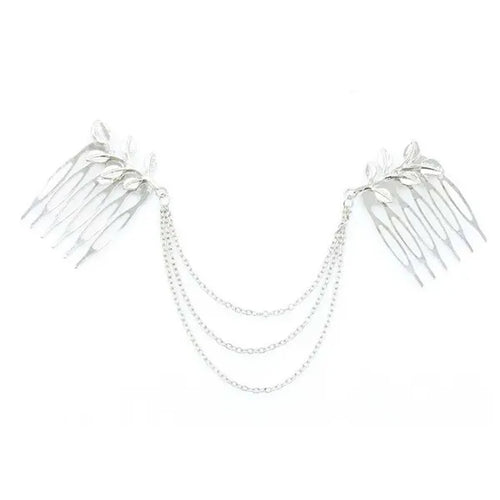 2 Pcs Silver Color Retro Hair Combs Leaves Tassels