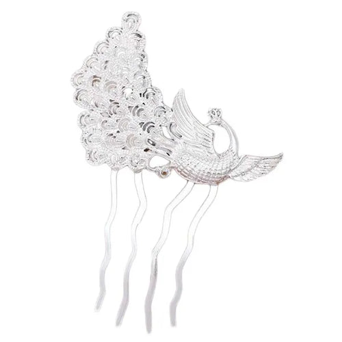 2 Pcs Silver Peacock Metal Side Comb Chinese Style