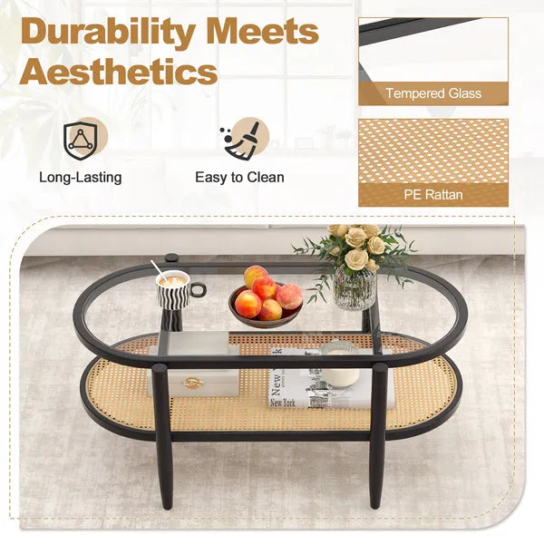 2-Tier Coffee Table with Tempered Glass Tabletop and Acacia Wood Frame