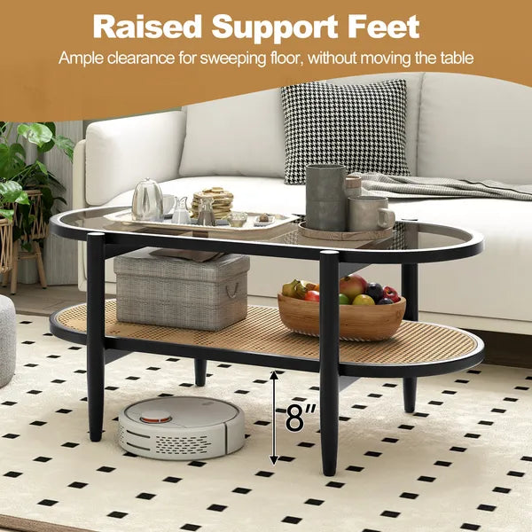 2-Tier Coffee Table with Tempered Glass Tabletop and Acacia Wood Frame