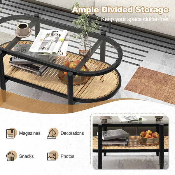 2-Tier Coffee Table with Tempered Glass Tabletop and Acacia Wood Frame