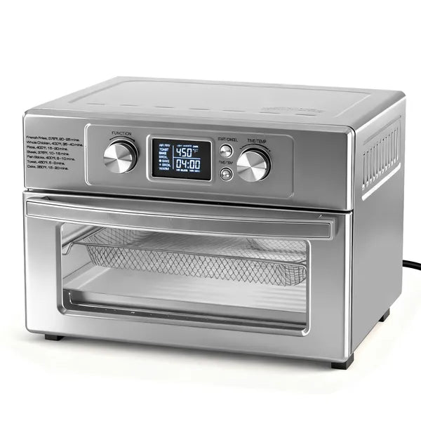 22-liter 1800-watt electric air fryer oven, equipped with 6 stainless steel heating elements, and capable of setting a temperature of 450°F.