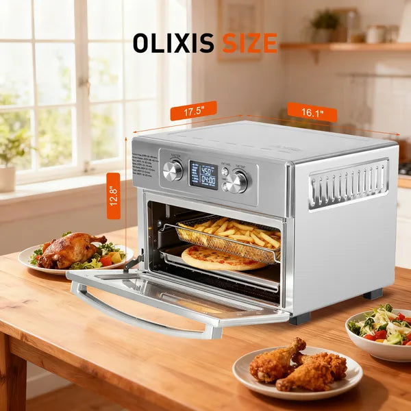 22-liter 1800-watt electric air fryer oven, equipped with 6 stainless steel heating elements, and capable of setting a temperature of 450°F.