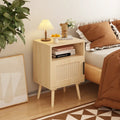 22.83" H Rattan Nightstand, Side Table with Door Open Shelf,Accent Bedside End Table with Solid Wood Legs for Bedroom, Dorm and Small Spaces