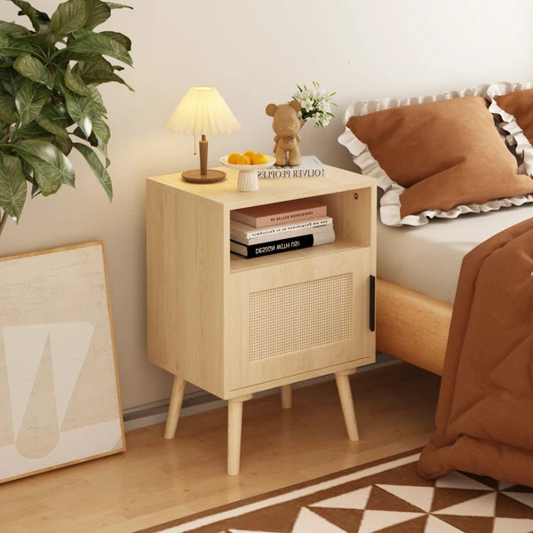 22.83" H Rattan Nightstand, Side Table with Door Open Shelf,Accent Bedside End Table with Solid Wood Legs for Bedroom, Dorm and Small Spaces