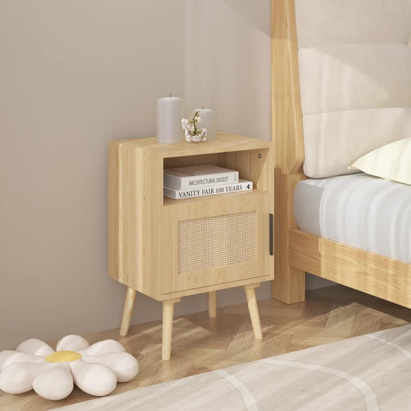 22.83" H Rattan Nightstand, Side Table with Door Open Shelf,Accent Bedside End Table with Solid Wood Legs for Bedroom, Dorm and Small Spaces