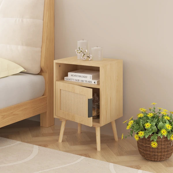 22.83" H Rattan Nightstand, Side Table with Door Open Shelf,Accent Bedside End Table with Solid Wood Legs for Bedroom, Dorm and Small Spaces