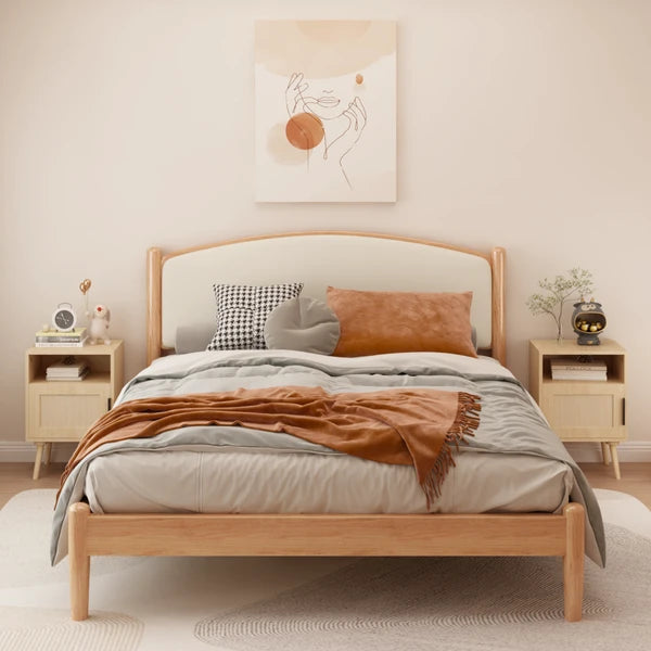 22.83" H Rattan Nightstand, Side Table with Door Open Shelf,Accent Bedside End Table with Solid Wood Legs for Bedroom, Dorm and Small Spaces