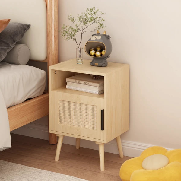 22.83" H Rattan Nightstand, Side Table with Door Open Shelf,Accent Bedside End Table with Solid Wood Legs for Bedroom, Dorm and Small Spaces