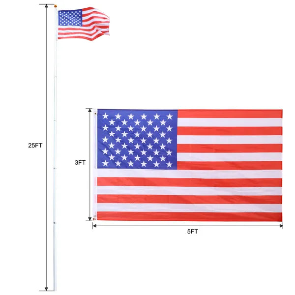 25FT Telescopic Flag Pole Kit, Sectional Flag Pole Kit, Extra Thick Heavy Duty Aluminum Flagpole, Outdoor Inground Flag Poles with Topper Balls for Yard, Residential or Commercial