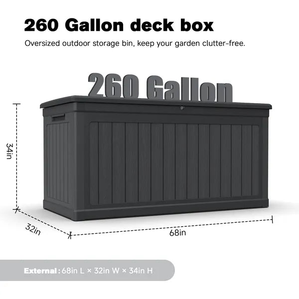 260 Gallon Large Outdoor Storage XXL Deck Box for Patio Furniture, Outdoor Cushions, Garden Tools and Sports/Pools Equipment, Waterproof Resin, Lockable, Black