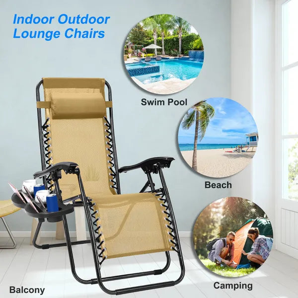 2Packs Zero Gravity Lounge Chair w/ Dual Side Tray 330lbs Load Foldable Recliner Chair w/ Stress Relief Pillow Patio Poolside Beach Lying Chair
