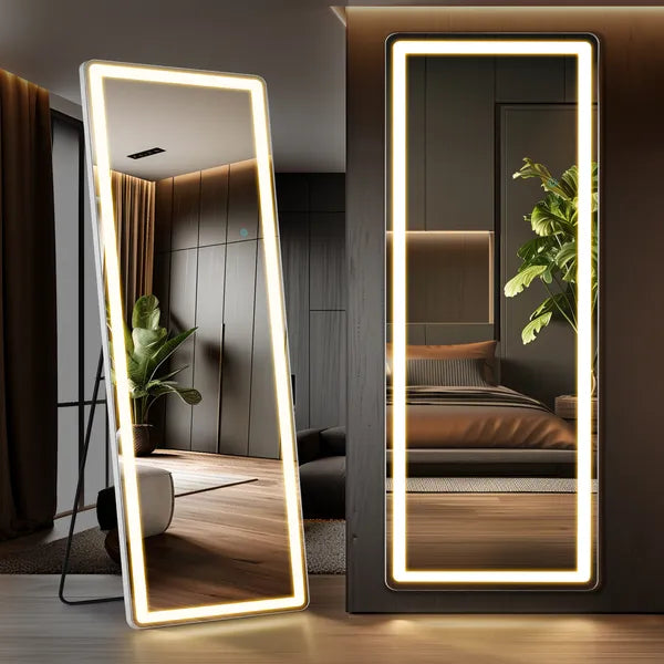 3 Color Lighting Mirror with LED Lights, 64"x21" Lighted Floor Standing Mirror with Stand, Wall Mounted Hanging