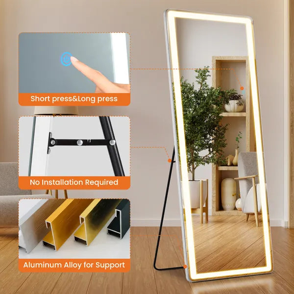 3 Color Lighting Mirror with LED Lights, 64"x21" Lighted Floor Standing Mirror with Stand, Wall Mounted Hanging