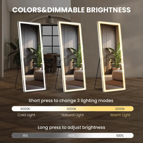 3 Color Lighting Mirror with LED Lights, 64"x21" Lighted Floor Standing Mirror with Stand, Wall Mounted Hanging