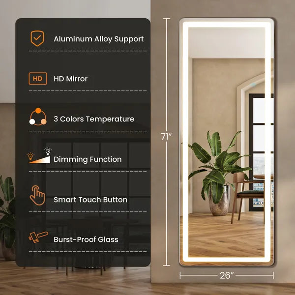 3 Color Lighting Mirror with LED Lights, 64"x21" Lighted Floor Standing Mirror with Stand, Wall Mounted Hanging