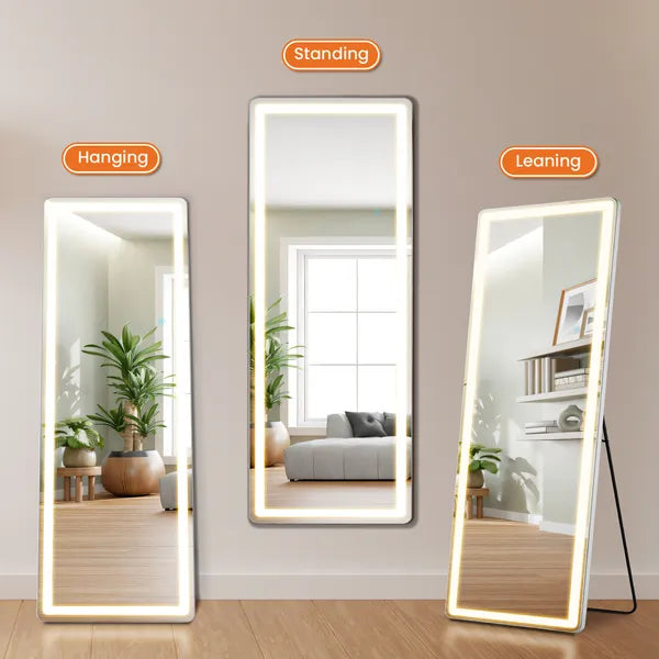 3 Color Lighting Mirror with LED Lights, 64"x21" Lighted Floor Standing Mirror with Stand, Wall Mounted Hanging