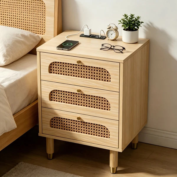 3-Drawer Nightstand with Rattan-Style Finish 15.75"*13.78"*23.82" with Power Outlet Oak