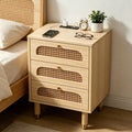 3-Drawer Nightstand with Rattan-Style Finish 15.75"*13.78"*23.82" with Power Outlet Oak