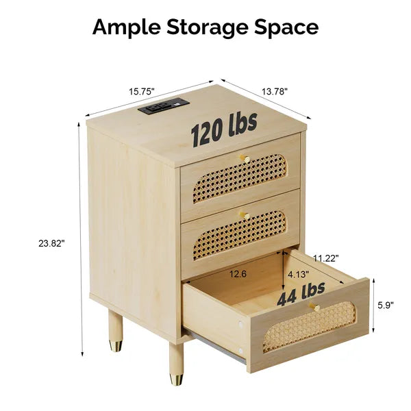 3-Drawer Nightstand with Rattan-Style Finish 15.75"*13.78"*23.82" with Power Outlet Oak