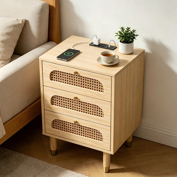 3-Drawer Nightstand with Rattan-Style Finish 15.75"*13.78"*23.82" with Power Outlet Oak