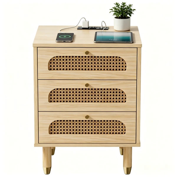 3-Drawer Nightstand with Rattan-Style Finish 15.75"*13.78"*23.82" with Power Outlet Oak