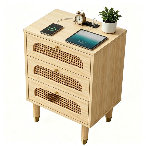 3-Drawer Nightstand with Rattan-Style Finish 15.75"*13.78"*23.82" with Power Outlet Oak