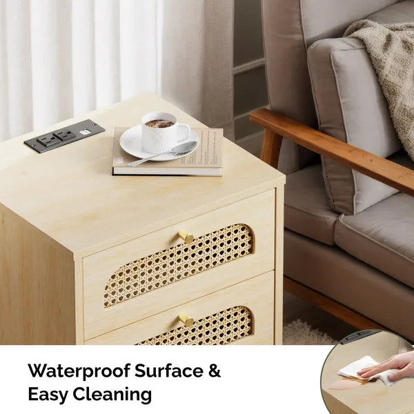 3-Drawer Nightstand with Rattan-Style Finish 15.75"*13.78"*23.82" with Power Outlet Oak