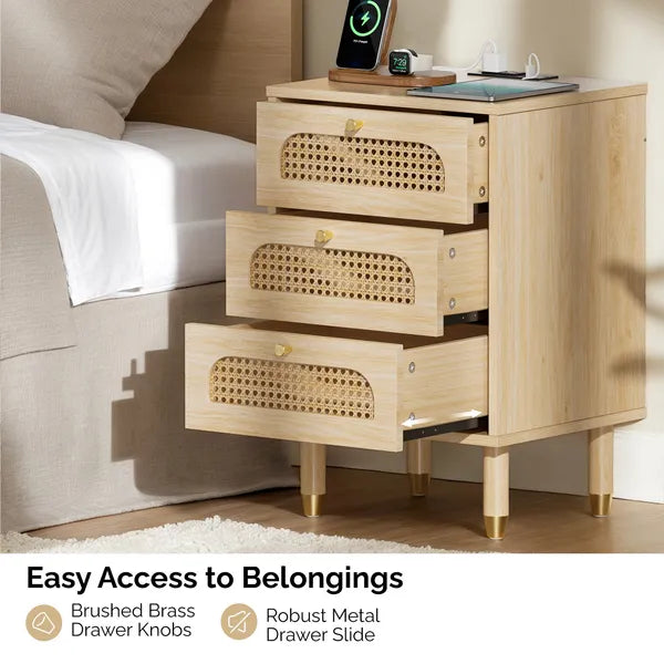 3-Drawer Nightstand with Rattan-Style Finish 15.75"*13.78"*23.82" with Power Outlet Oak