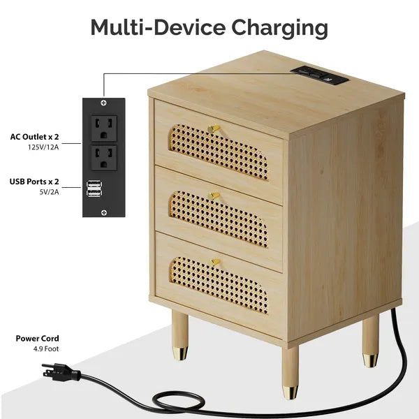 3-Drawer Nightstand with Rattan-Style Finish 15.75"*13.78"*23.82" with Power Outlet Oak
