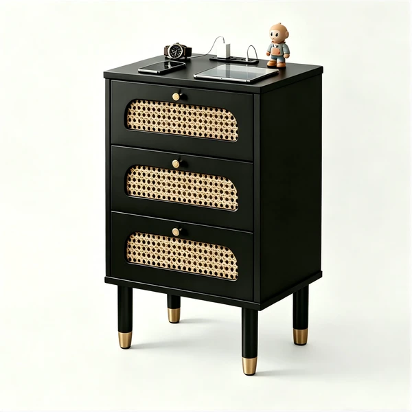 3-Drawer Nightstand with Woven Rattan Fronts and Built-in Power Outlet 15.75"*13.78"*23.82" Black