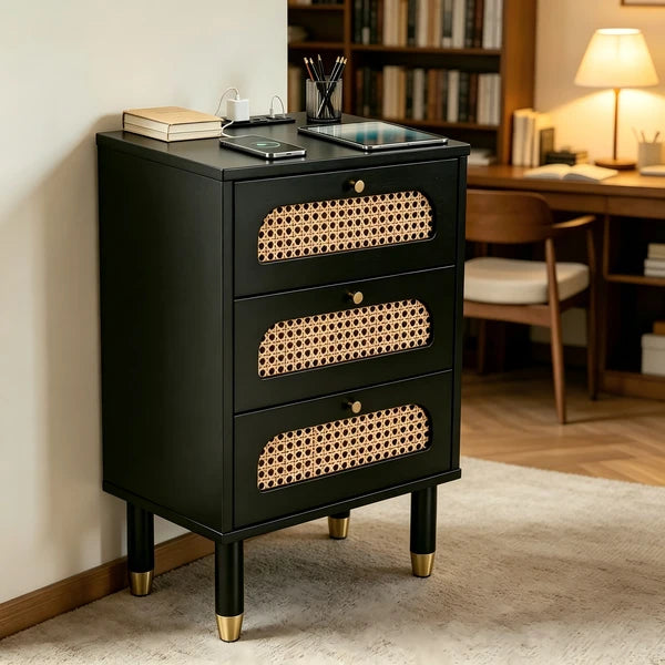 3-Drawer Nightstand with Woven Rattan Fronts and Built-in Power Outlet 15.75"*13.78"*23.82" Black