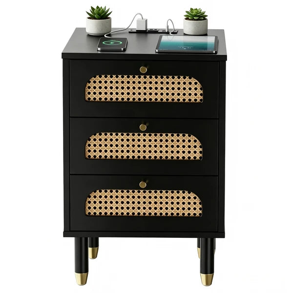 3-Drawer Nightstand with Woven Rattan Fronts and Built-in Power Outlet 15.75"*13.78"*23.82" Black