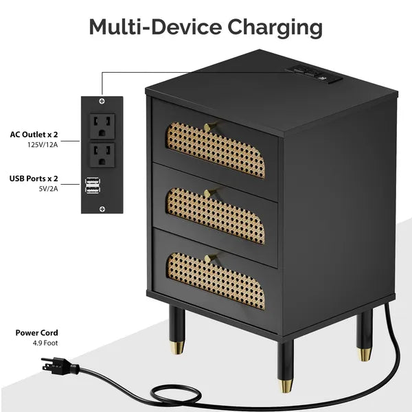 3-Drawer Nightstand with Woven Rattan Fronts and Built-in Power Outlet 15.75"*13.78"*23.82" Black
