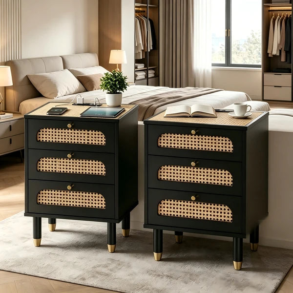 3-Drawer Nightstand with Woven Rattan Fronts and Built-in Power Outlet 15.75"*13.78"*23.82" Black