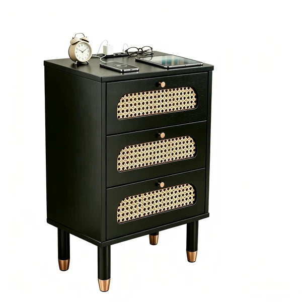 3-Drawer Nightstand with Woven Rattan Fronts and Built-in Power Outlet 15.75"*13.78"*23.82" Black