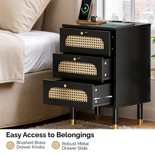 3-Drawer Nightstand with Woven Rattan Fronts and Built-in Power Outlet 15.75"*13.78"*23.82" Black