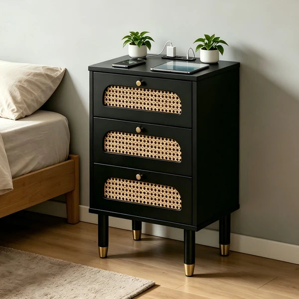 3-Drawer Nightstand with Woven Rattan Fronts and Built-in Power Outlet 15.75"*13.78"*23.82" Black