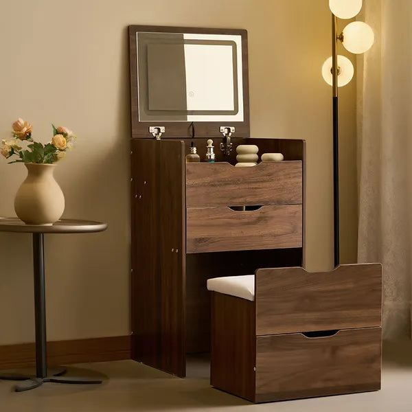 3 in 1 Vanity Desk with Flip Top Mirror, Small Make Up Vanity Set with Visible Glass Desktop, Compact Makeup Vanity with 3 Drawers, Cushioned Tool, Dressing Table for Bedroom