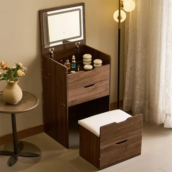3 in 1 Vanity Desk with Flip Top Mirror, Small Make Up Vanity Set with Visible Glass Desktop, Compact Makeup Vanity with 3 Drawers, Cushioned Tool, Dressing Table for Bedroom