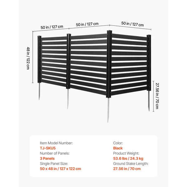 3 Panels Outdoor Privacy Screen, 50 x 48 in Air Conditioner Fence with 27.6 in Ground Stakes, Pool Equipment Enclosure, Vinyl Privacy Fence, Ideal for Trash Can and A/C Units, Black