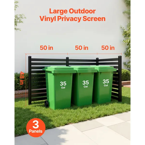 3 Panels Outdoor Privacy Screen, 50 x 48 in Air Conditioner Fence with 27.6 in Ground Stakes, Pool Equipment Enclosure, Vinyl Privacy Fence, Ideal for Trash Can and A/C Units, Black