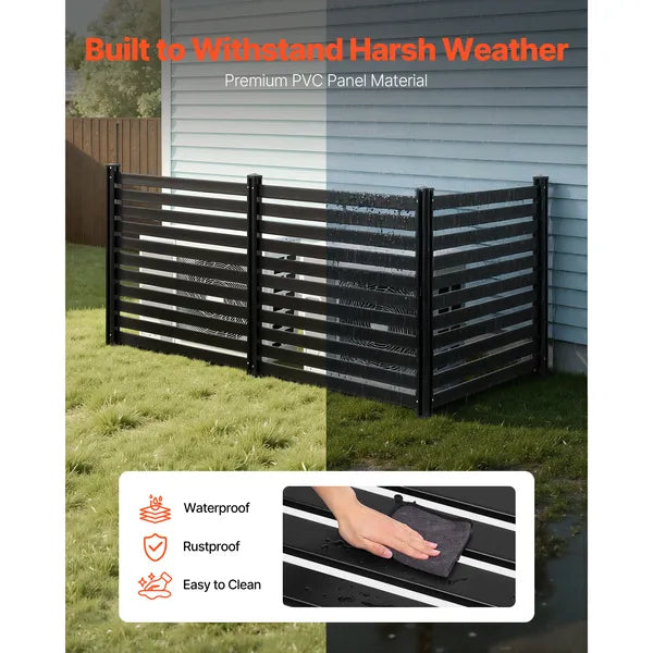3 Panels Outdoor Privacy Screen, 50 x 48 in Air Conditioner Fence with 27.6 in Ground Stakes, Pool Equipment Enclosure, Vinyl Privacy Fence, Ideal for Trash Can and A/C Units, Black