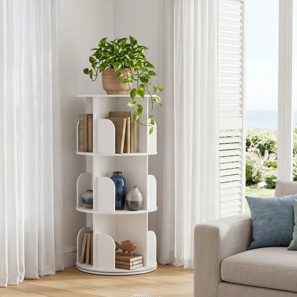 3/4/5 Tier Rotating Bookshelf, 360° Spinning Bookcase for Small Spaces, Vertical Corner Storage Organizer Display Rack for Bedroom Living Room, White