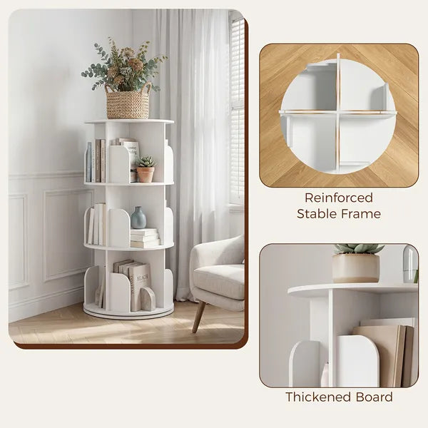 3/4/5 Tier Rotating Bookshelf, 360° Spinning Bookcase for Small Spaces, Vertical Corner Storage Organizer Display Rack for Bedroom Living Room, White