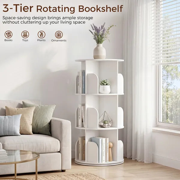 3/4/5 Tier Rotating Bookshelf, 360° Spinning Bookcase for Small Spaces, Vertical Corner Storage Organizer Display Rack for Bedroom Living Room, White