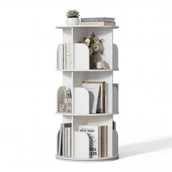 3/4/5 Tier Rotating Bookshelf, 360° Spinning Bookcase for Small Spaces, Vertical Corner Storage Organizer Display Rack for Bedroom Living Room, White