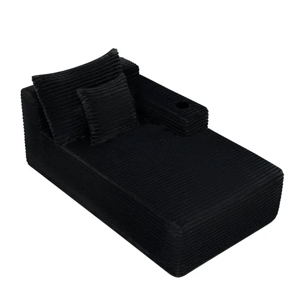 37.5-inch Right chaise longue with plush black velvet, cup holder, flexible matching, mainly for living room use.