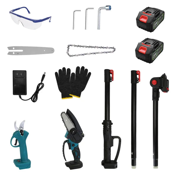 4 in 1 Cordless Pruning Shear and Electric Chainsaw With Max 5.5FT Extension Poles 4'/6' Pole Saw SK5 Blade Brushless Pruning Shear With 2Pcs 3.0Ah Batteries For Garden Yard